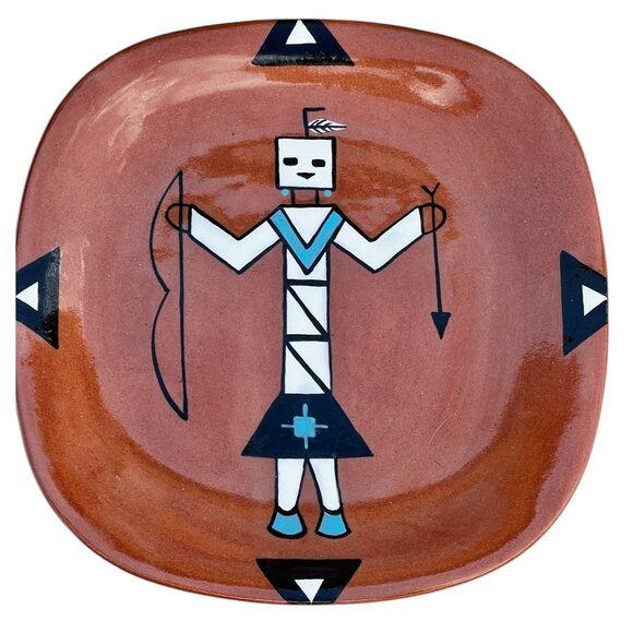 Native American Signed T. Hughes Ceramic Plate W/ Kachina Design  7 3/8" Dia. - Picture 1 of 6